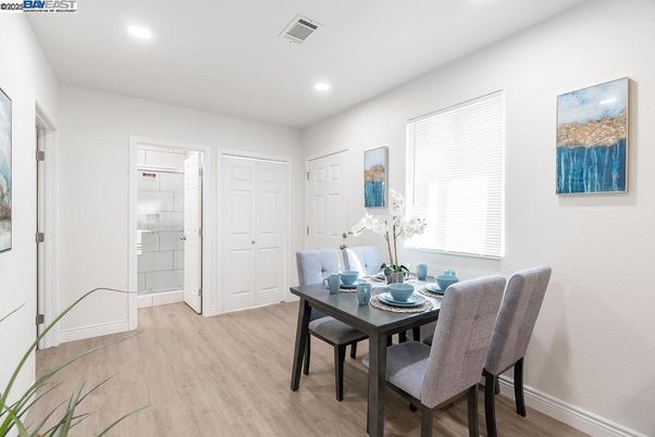 Dining room, Interior, Recessed Lighting, Wood Texture Flooring