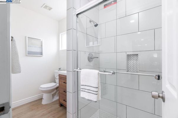 Bathroom, Glass Shower, Interior, Wood Texture Flooring