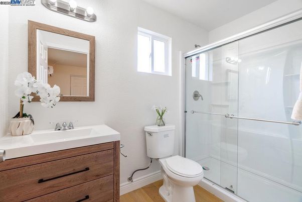Bathroom, Glass Shower, Interior, Wood Texture Flooring