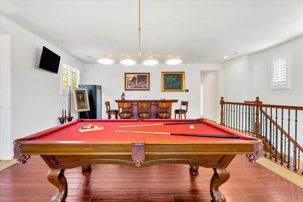 Billiard Table, Game Room, Interior, Pendant Lights, Recessed Lighting, Wood Texture Flooring