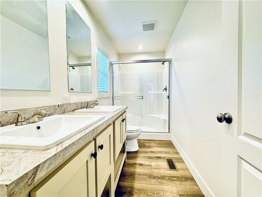 Bathroom, Glass Shower, Interior, Recessed Lighting, Wood Texture Flooring