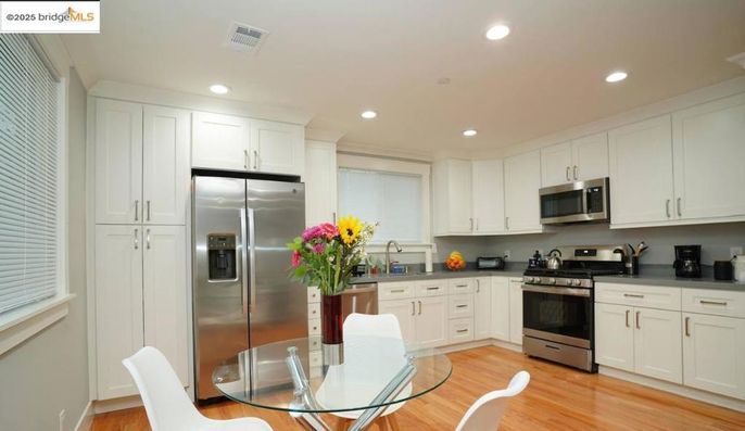 Interior, Kitchen, Recessed Lighting, Stainless Steel Appliances, Wood Texture Flooring