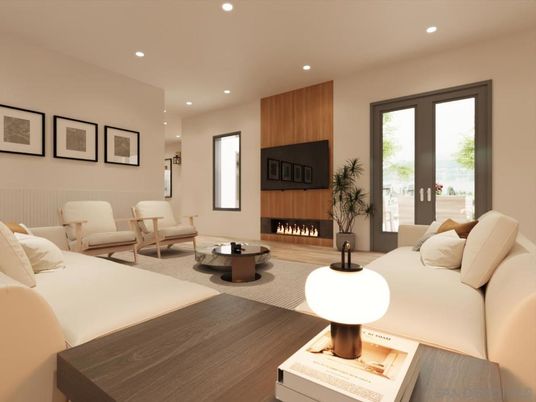 Fireplace, Interior, Living room, Recessed Lighting, Wood Texture Flooring