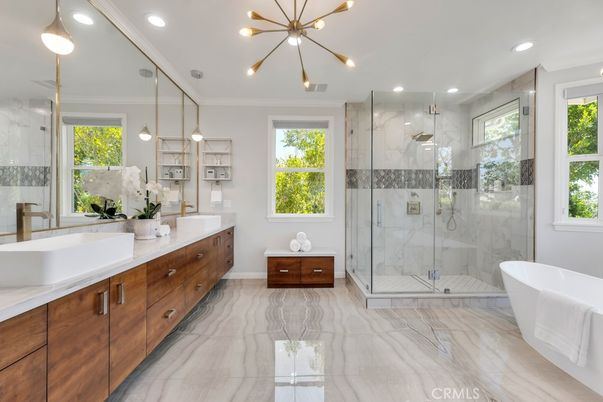 Bathroom, Dual Sink Vanities, Free Standing Baths, Glass Shower, Interior, Marble, Marble Walls, Pendant Lights, Recessed Lighting