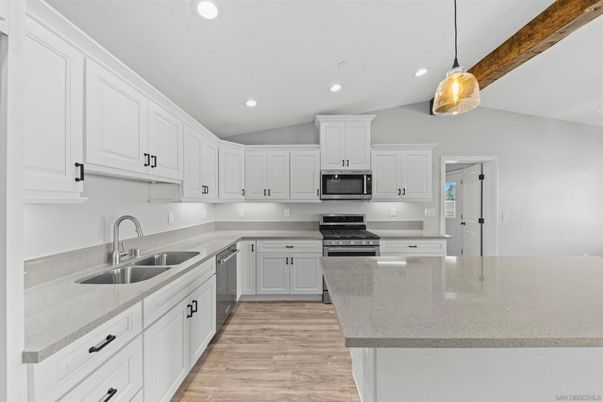 Interior, Kitchen, Pendant Lights, Recessed Lighting, Stainless Steel Appliances, Wood Texture Flooring