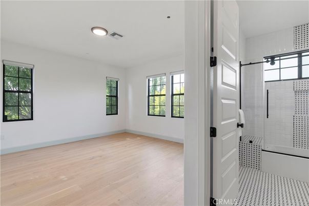 Bathroom, Empty room, Glass Shower, Interior, Wood Texture Flooring