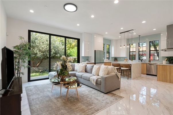Dining room, Interior, Kitchen, Living room, Marble, Pendant Lights, Recessed Lighting, Stainless Steel Appliances