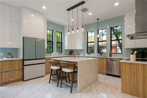 Interior, Kitchen, Marble, Pendant Lights, Recessed Lighting, Stainless Steel Appliances