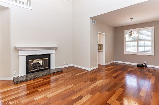 Empty room, Fireplace, Interior, Pendant Lights, Wood Texture Flooring