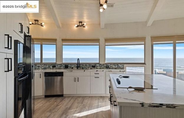 Interior, Kitchen, Stainless Steel Appliances, Water, Wood Texture Flooring