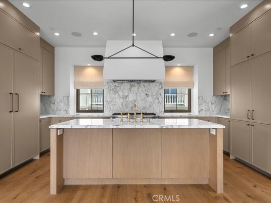 Interior, Kitchen, Marble Walls, Pendant Lights, Recessed Lighting, Wood Texture Flooring