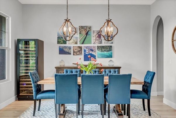 Chandelier, Dining room, Interior, Pendant Lights, Wood Texture Flooring