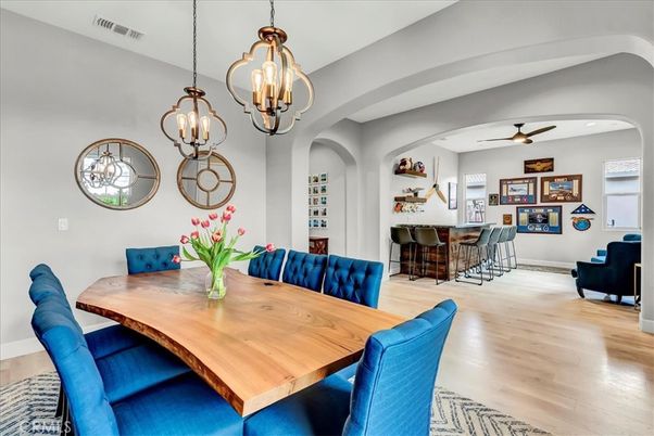 Dining room, Interior, Pendant Lights, Recessed Lighting, Wood Texture Flooring