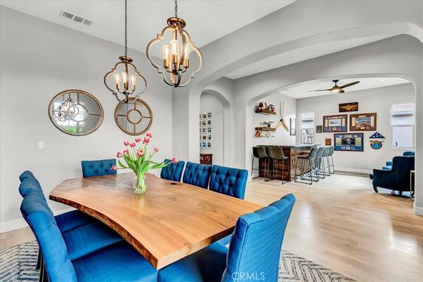 Chandelier, Dining room, Interior, Pendant Lights, Recessed Lighting, Wood Texture Flooring