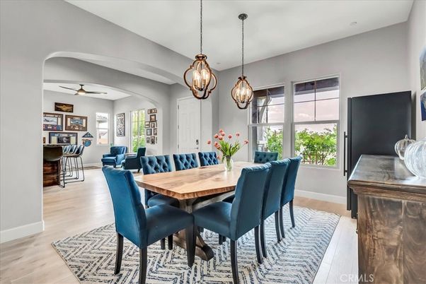 Dining room, Interior, Living room, Pendant Lights, Wood Texture Flooring