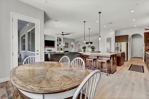 Dining room, Interior, Kitchen, Pendant Lights, Recessed Lighting, Wood Texture Flooring
