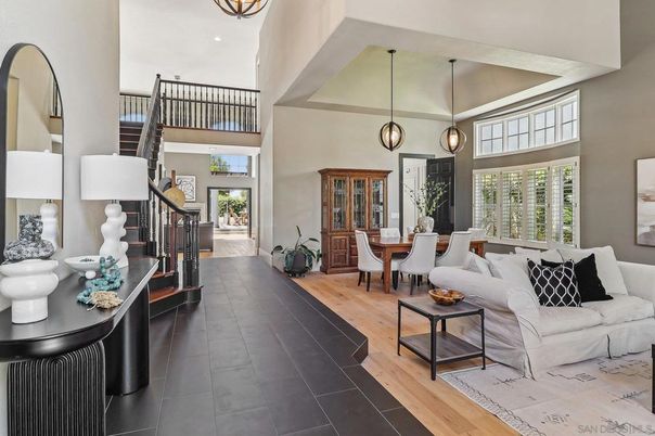 Dining room, Interior, Living room, Pendant Lights, Wood Texture Flooring