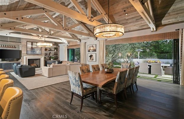 Chandelier, Dining room, Fireplace, Interior, Living room, Pendant Lights, Wooden Beams, Wooden Ceilings, Wood Texture Flooring