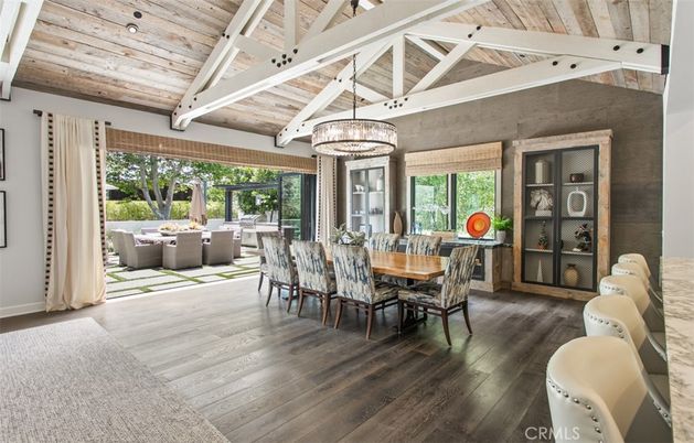 Chandelier, Dining room, Interior, Wooden Beams, Wooden Ceilings, Wood Texture Flooring