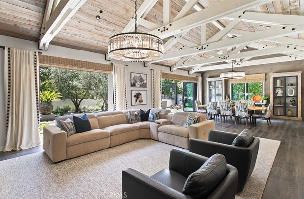 Chandelier, Dining room, Interior, Living room, Pendant Lights, Wooden Beams, Wooden Ceilings, Wood Texture Flooring