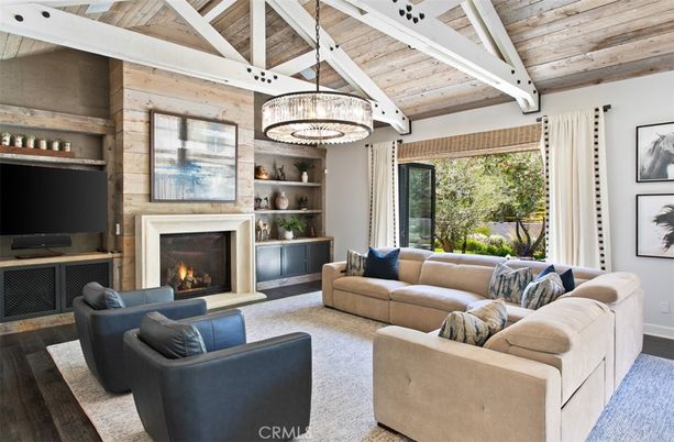 Chandelier, Fireplace, Interior, Living room, Wooden Beams, Wooden Ceilings, Wood Texture Flooring, Wooden Walls