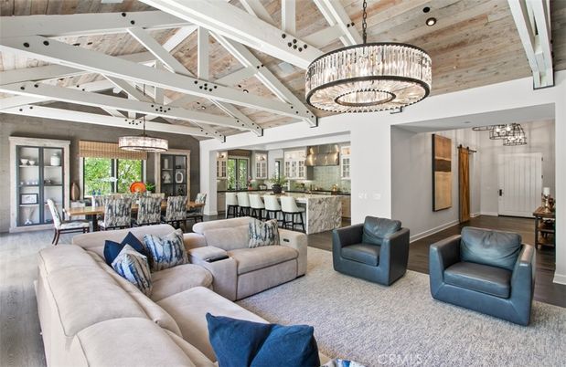 Chandelier, Dining room, Interior, Kitchen, Living room, Pendant Lights, Recessed Lighting, Wooden Ceilings, Wood Texture Flooring