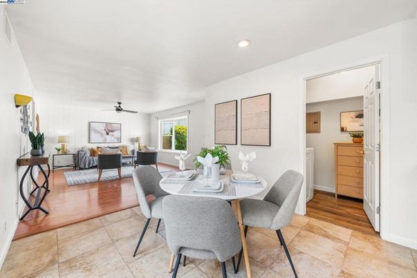 Dining room, Interior, Living room, Recessed Lighting, Wood Texture Flooring