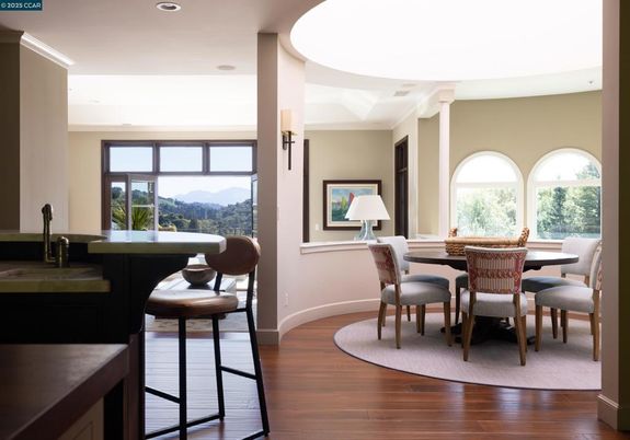 Dining room, Interior, Recessed Lighting, Wood Texture Flooring