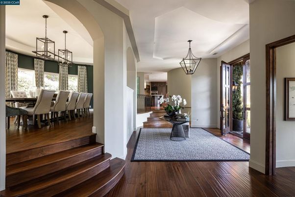 Chandelier, Dining room, Interior, Pendant Lights, Wood Texture Flooring