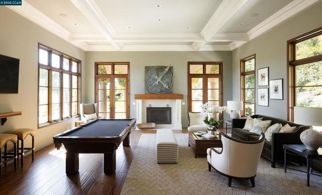 Billiard Table, Fireplace, Game Room, Interior, Living room, Recessed Lighting, Wood Texture Flooring