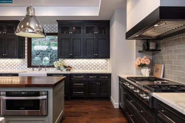Interior, Kitchen, Pendant Lights, Stainless Steel Appliances, Wood Texture Flooring