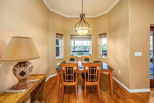 Dining room, Interior, Pendant Lights, Wood Texture Flooring
