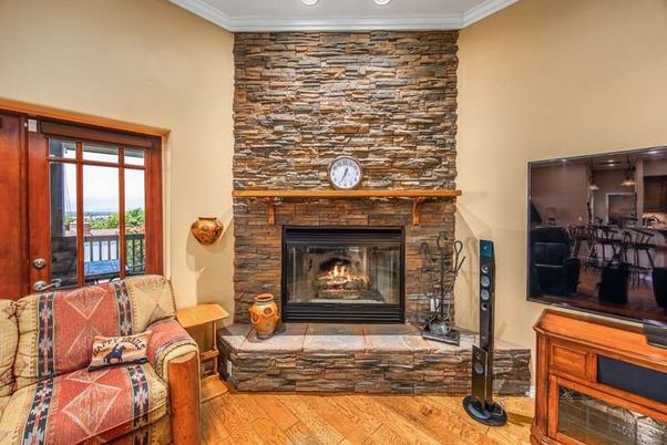 Fireplace, Interior, Recessed Lighting, Stone Walls, Wood Texture Flooring