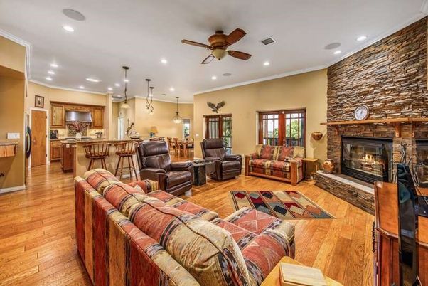 Fireplace, Interior, Kitchen, Living room, Pendant Lights, Recessed Lighting, Stone Walls, Wood Texture Flooring