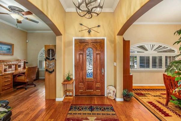 Chandelier, Home Office, Interior, Wood Texture Flooring