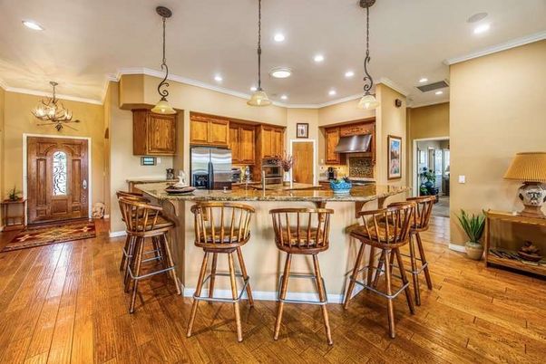 Chandelier, Interior, Kitchen, Pendant Lights, Recessed Lighting, Stainless Steel Appliances, Wood Texture Flooring