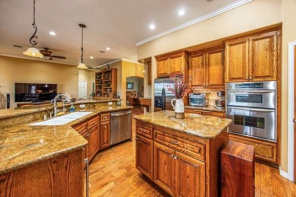 Interior, Kitchen, Pendant Lights, Recessed Lighting, Stainless Steel Appliances, Wood Texture Flooring
