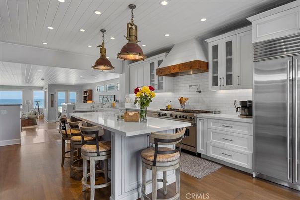Interior, Kitchen, Pendant Lights, Recessed Lighting, Stainless Steel Appliances, Water, Wood Texture Flooring