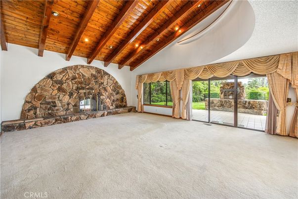 Empty room, Fireplace, Interior, Recessed Lighting, Wooden Beams, Wooden Ceilings