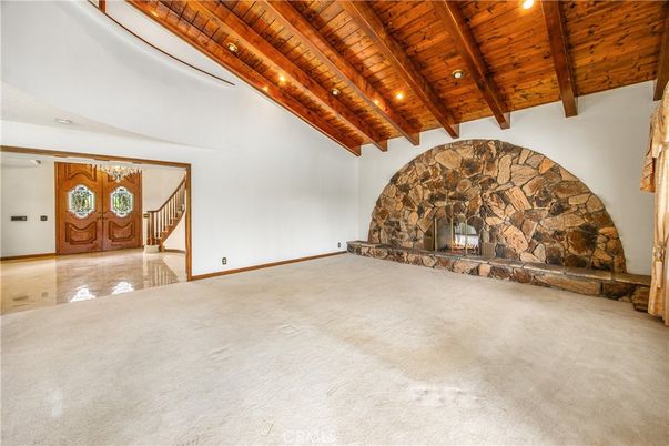 Empty room, Fireplace, Interior, Recessed Lighting, Wooden Beams, Wooden Ceilings