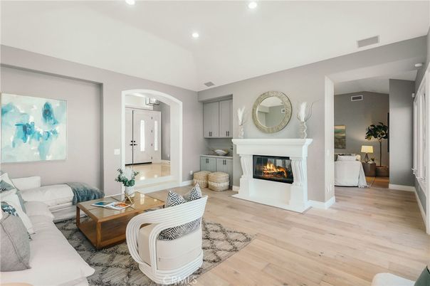 Fireplace, Interior, Living room, Recessed Lighting, Wood Texture Flooring