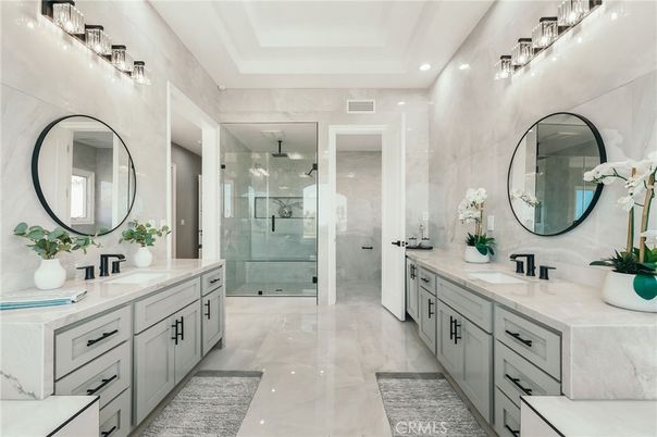 Bathroom, Dual Sink Vanities, Glass Shower, Interior, Recessed Lighting