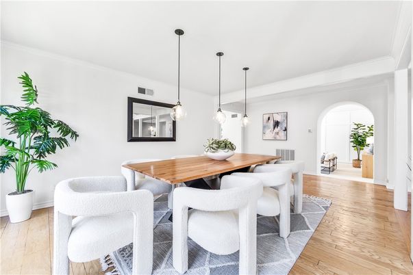 Dining room, Interior, Pendant Lights, Wood Texture Flooring