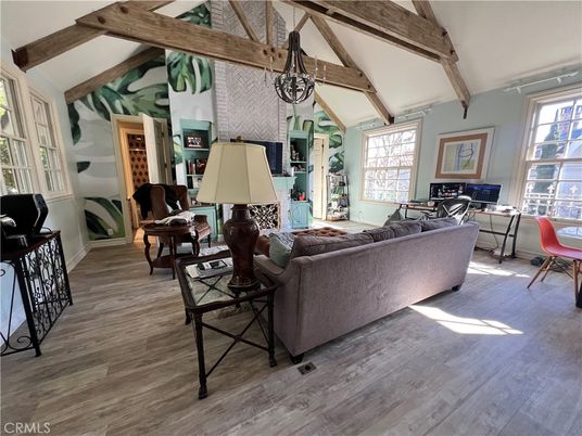 Chandelier, Fireplace, Interior, Living room, Wooden Beams, Wood Texture Flooring
