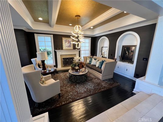 Fireplace, Interior, Living room, Pendant Lights, Recessed Lighting, Wood Texture Flooring