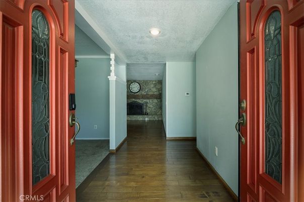 Fireplace, Interior, Recessed Lighting, Stone Walls, Wood Texture Flooring