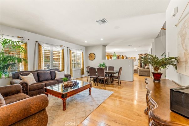 Dining room, Interior, Living room, Recessed Lighting, Wood Texture Flooring