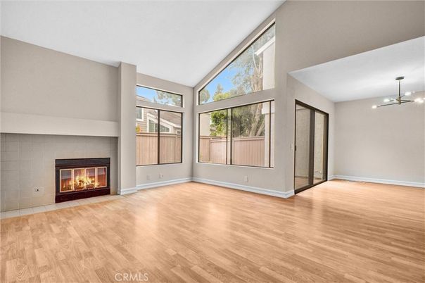 Empty room, Fireplace, Interior, Pendant Lights, Wood Texture Flooring