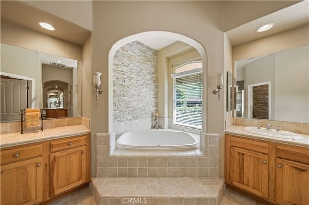 Bathroom, Dual Sink Vanities, Interior, Recessed Lighting, Tile Countertops