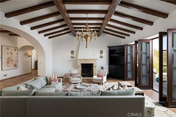Chandelier, Fireplace, Interior, Living room, Wooden Beams, Wood Texture Flooring